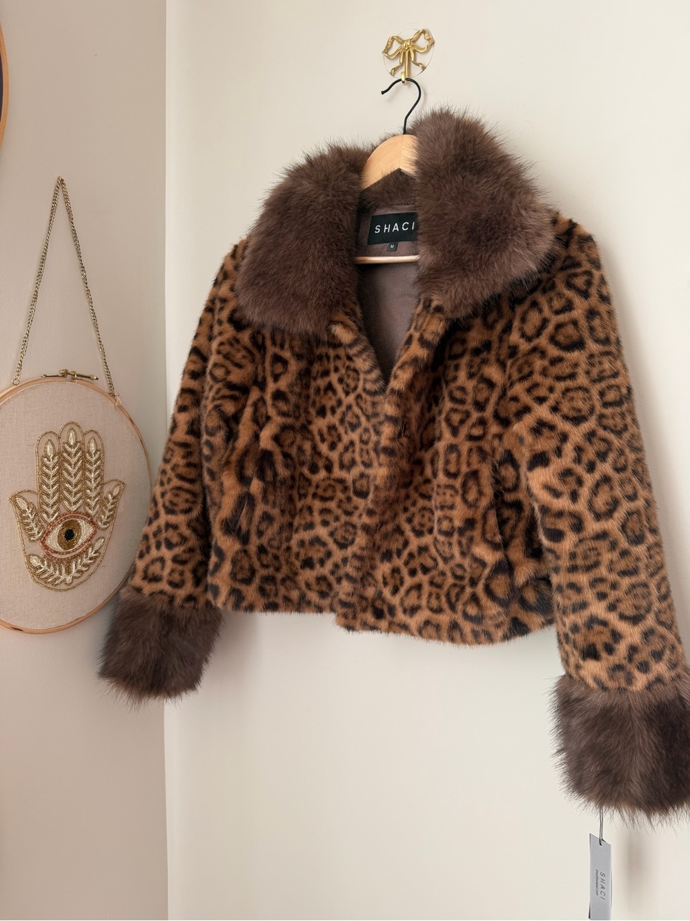 Leopard print brown Faux Fur trim Jacket